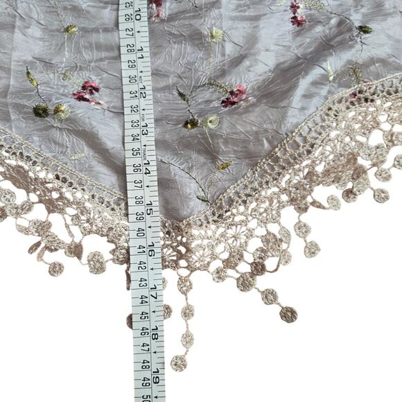 Icy Blue Silk Boho Cottage Hippie Festival Floral Embroidered Fringe Scarf Wrap - Picture 10 of 10